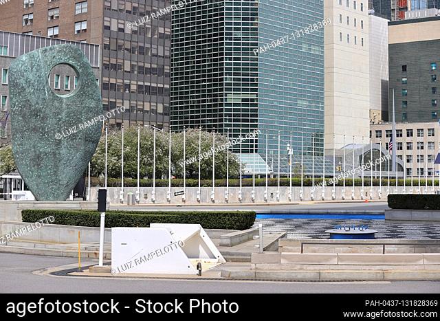 United Nations, New York, USA, April 17, 2020 - A view of empty United Nations headquarters during lunch time, when under normal circumstances the corridors and...