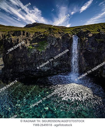 Small waterfall, Borgarfjordur Eystri. This image is shot using a drone