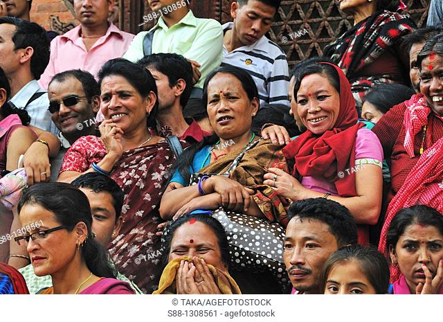 On the day of Gai Jatra festival in August at Durbar square  Spectator watching the festival