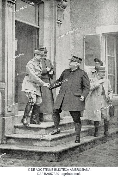 From left: Charles Mangin (1866-1925), Robert Georges Nivelle (1857-1924) and Joseph Joffre (1852-1931), French Generals, say goodbye after a meeting, Verdun