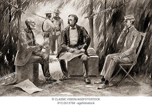 Generals Garcia, left, Shafter, centre and Admiral Sampson, right, in conference during the Spanish-American War. Calixto García Iñiguez, 1839-1898