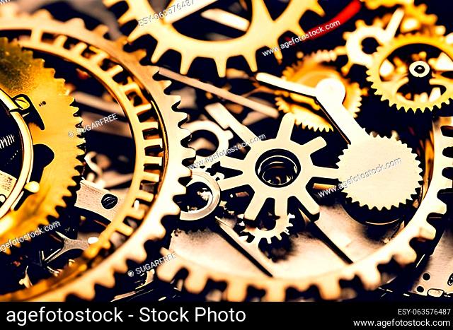 Illustration of clockwork mechanism, cogwheels, swirls, springs. Technology and time concept. AI generated image