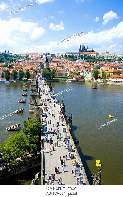 Czech Republic - Prague - Mala Strana Prague 1 District - View of Charles Bridge Karluv Most and of Hradcany and of the royal castle