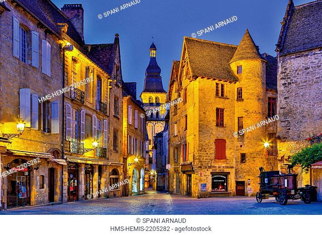 France, Dordogne, Dordogne Valley, Black Perigord, Sarlat la Caneda, night view of a cityscape representing the historic city center of Sarlat