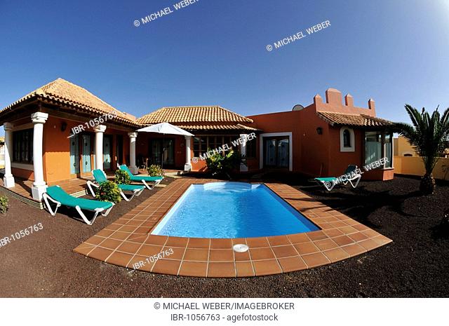 Fish-eye shot, bungalow villa with a swimming pool, Corralejo, Fuerteventura, Canary Islands, Spain, Europe