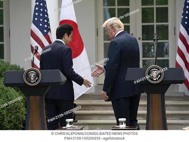 United States President Donald J. Trump and Japanese Prime Minister Shinzo Abe hold a news conference at the White House in Washington, DC, June 7, 2018