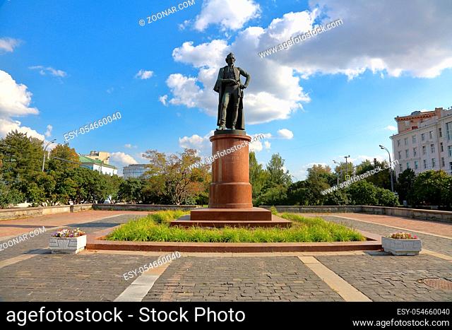 Moscow, Russia - September 1, 2019: Monument to Alexander Suvorov - Russian commander, founder of military theory. Opened in 1982