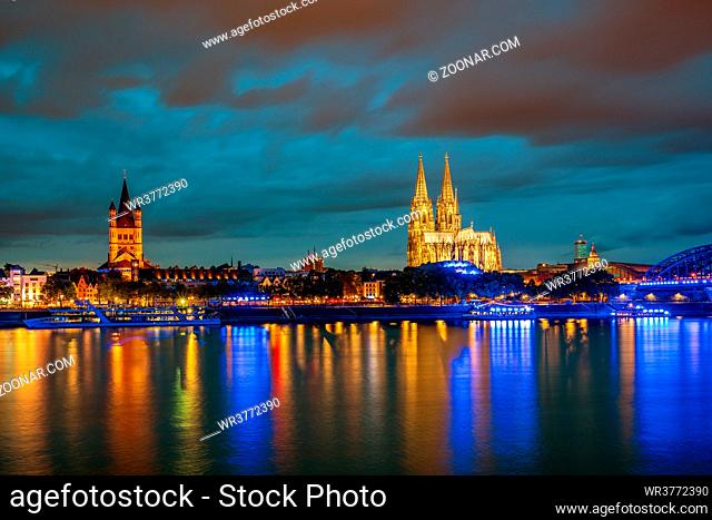 Panoramic view of Cologne Cathedral at the blue hour, Germany