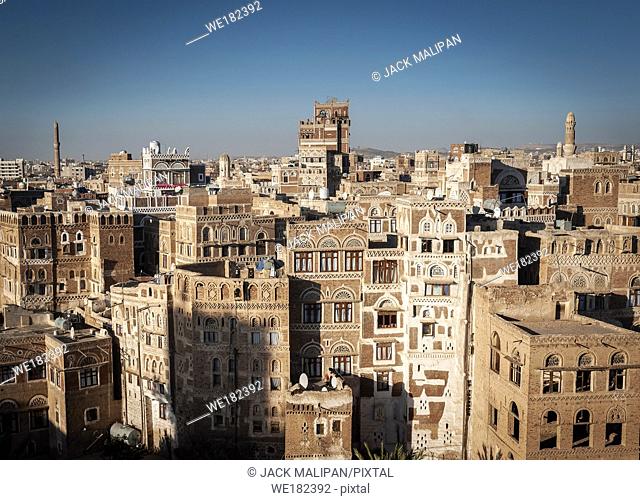 view of downtown sanaa city old town traditional arabic architecture skyline in yemen