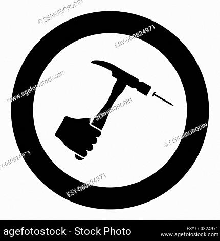 Hammer hits nail in hand claw holding Fixing and repairing working tools icon in circle round black color vector illustration image solid outline style simple