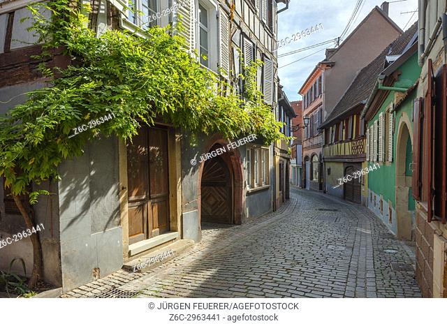 lane with old colourful houses in the village Barr, on the Wine Route of Alsace, France