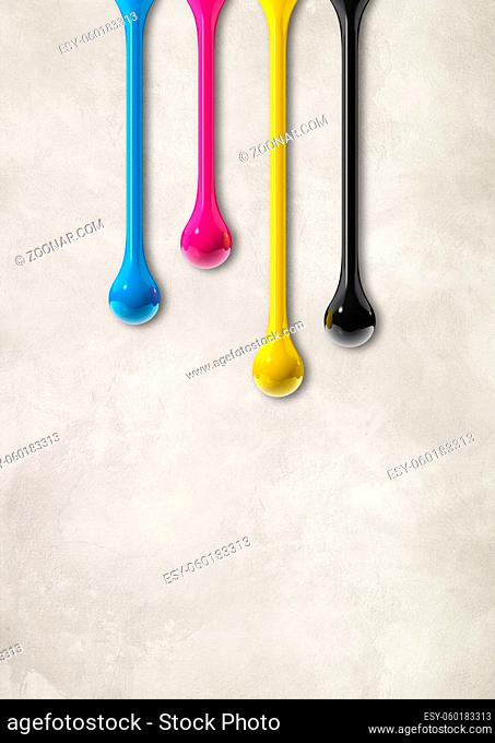 3D cmyk ink drops isolated on white concrete background. Illustration