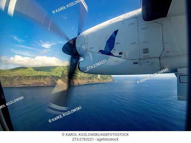 Portugal, Azores, Atlantic Ocean, Sata Air Acores Airplane approaching Corvo Island