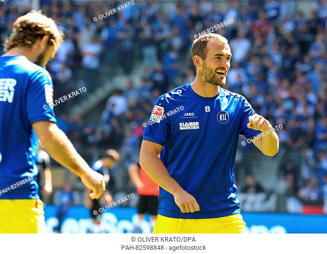 Karlsruhe's Erwin Hoffer during a warm up before the match of the 2nd Bundesliga Soccer match between Arminia Bielefeld and Karlsruher SC at Schueco Arena in...