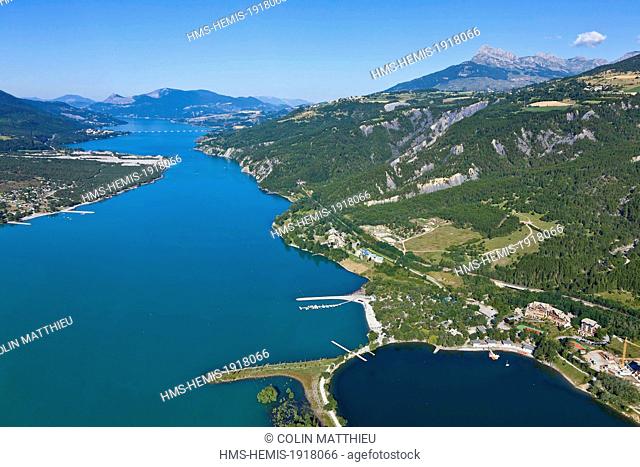 France, Hautes Alpes, Serre Poncon lake, Embrun, Chadenas, based recreational and camping (aerial view)