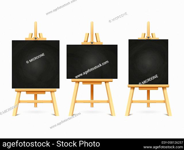 Wood chalk easels or painting art boards isolated on white background. Vector frame board for painting, blackboard and chalkboard illustration