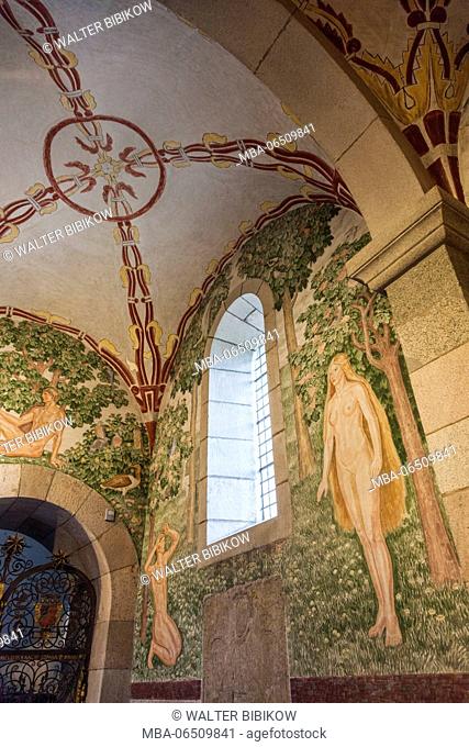 Denmark, Jutland, Viborg, Viborg Domkirke Cathdral, interior frescoes with Adam and Eve