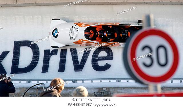Four-man bobsleigh with Ivo de Bruin, Tom den Ouden, Jeroen Piek and Janko Franjic of the Netherlands in action during the 1st run in Schoenau am Koenigssee