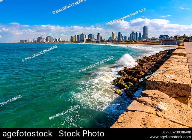 Tel Aviv Yafo, Gush Dan / Israel - 2017/10/11: Panoramic view of downtown Tel Aviv with Charles Clore beach at Mediterranean coastline and business district