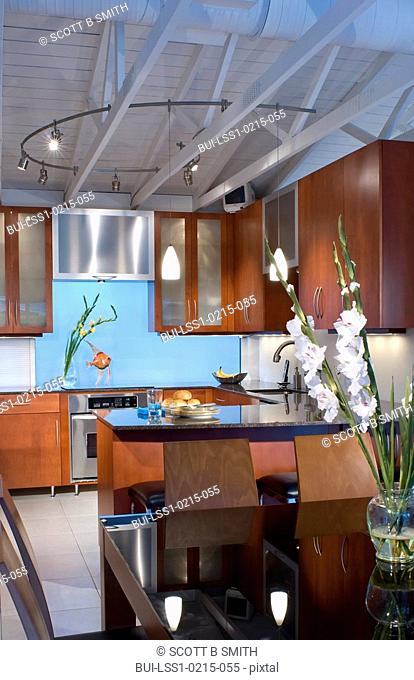 Modern kitchen with rafters