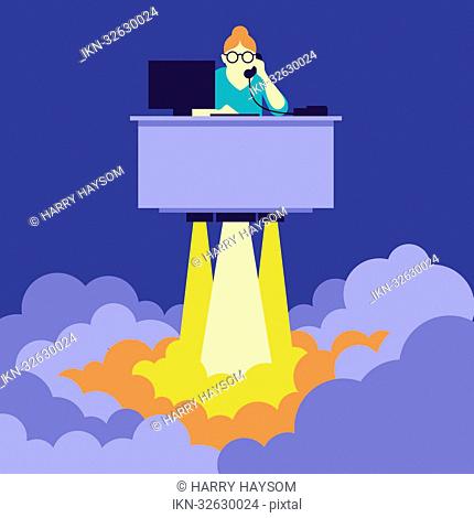 Businesswoman at desk lifting off