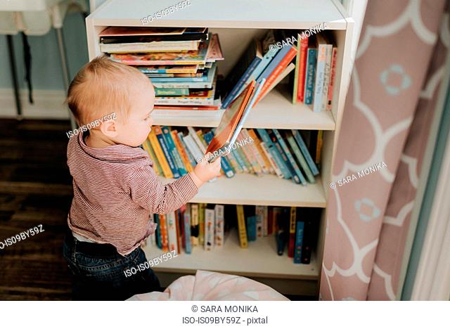Baby boy in living room removing story book from bookshelves