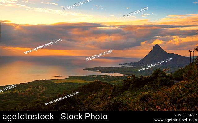 View from Piton de la Petite Riviere Noire, highest peak of Mauritius. Panorama at sunset