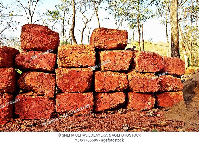 Hand made cutting red stone bricks  name 'CHIRE' in Goa , India