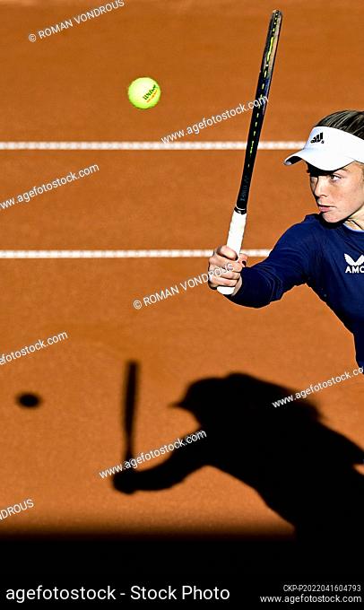 Katie Swan of Britain in action during the match against Marketa Vondrousova and Karolina Muchova of Czech Republic at the women's tennis Billie Jean King Cup...