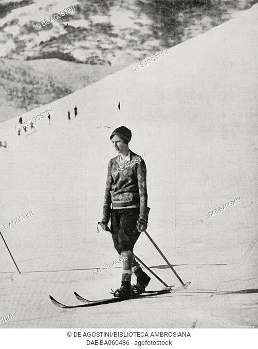 Princess Giovanna of Savoy on the ski slopes in Roccaraso, Abruzzo, Italy, from L'Illustrazione Italiana, Year LIV, No 6, February 6, 1927