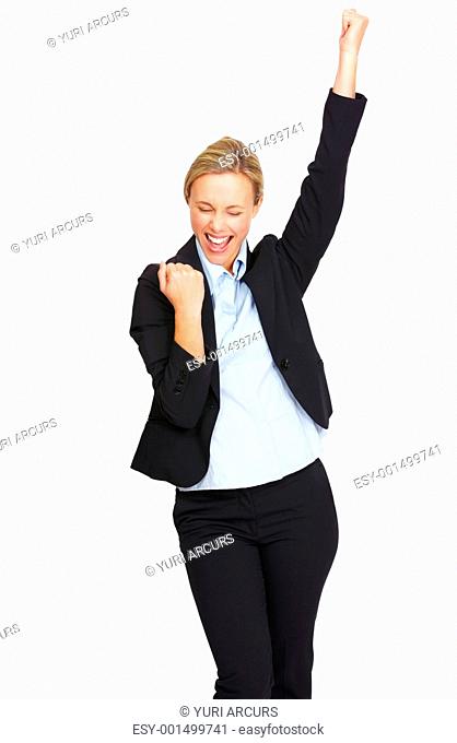 Portrait of successful business woman raising her arm in joy on white background