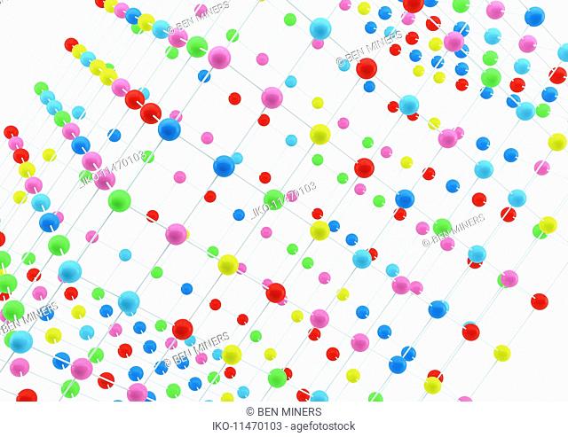 Close up grid arrangement of multicolored balls on white background
