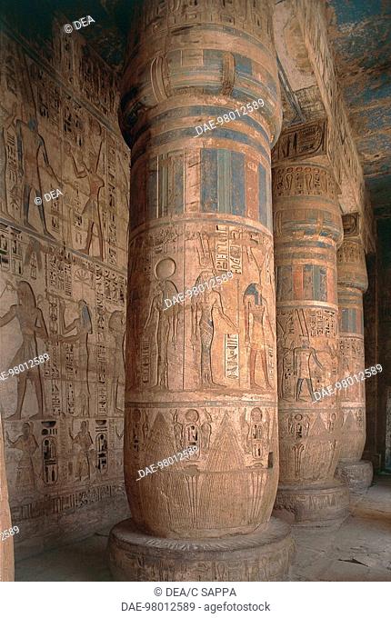 Egypt - Idfu (Edfu). Temple of Horus. Painted reliefs on columns. Ptolemaic dynasty