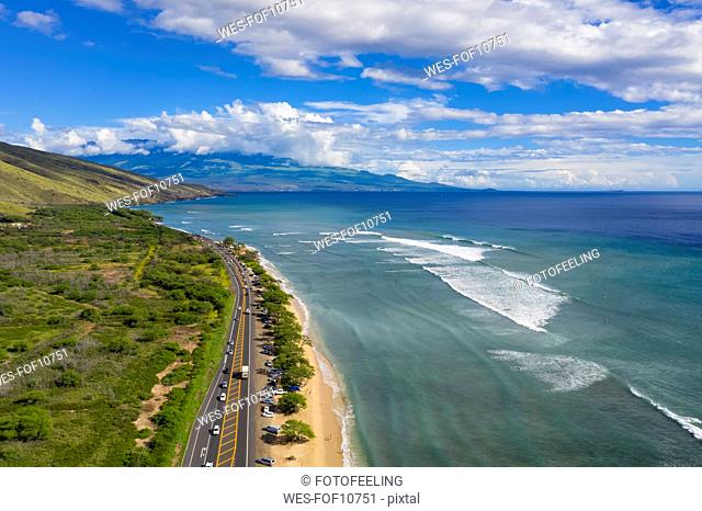 Aerial view over West Maui Mountains, Pacific Ocean and the coast along the Hawaii Route 30, Maui, Hawaii, USA