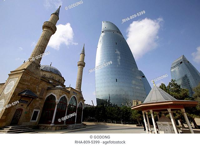 Shehidler mosque and the Flame Towers, Baku, Azerbaijan, Central Asia, Asia