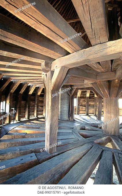 The internal wooden structure of the roof and the parapet walk, dungeon of Laval old castle, Pays de la Loire. France, 12th-13th century
