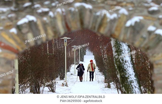 Two women do nordic walking on the Bierer Hill in Schoenebeck, Germany, 17 January 2013. Low temperatures and snow define the weather in Saxony-Anhalt at the...
