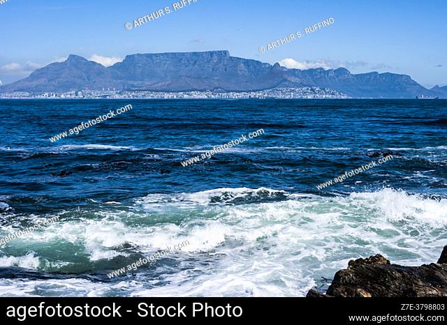 Coastline of Cape Town as viewed from Robben Island. Table Bay, off Bloubergstrand coast, Cape Town, South Africa, Africa
