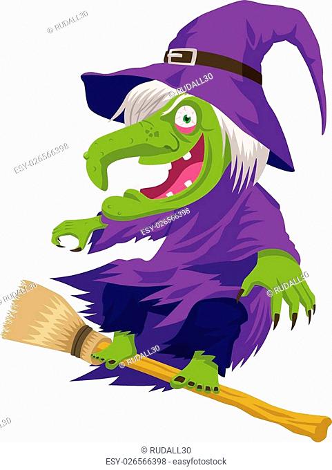 Cartoon illustration of a witch flying with her broom