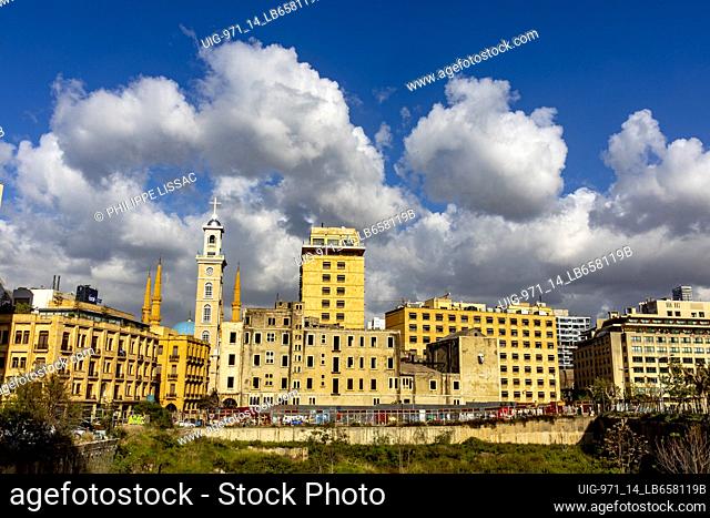 Saint George maronite cathedral spire and neighboring buildings, Beirut, Lebanon
