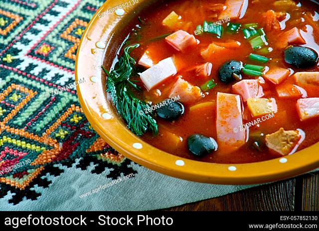 Seljanka a thick, spicy and sour Russian soup. ingredient being either meat, fish, or mushrooms. All of them contain pickled cucumbers with brine