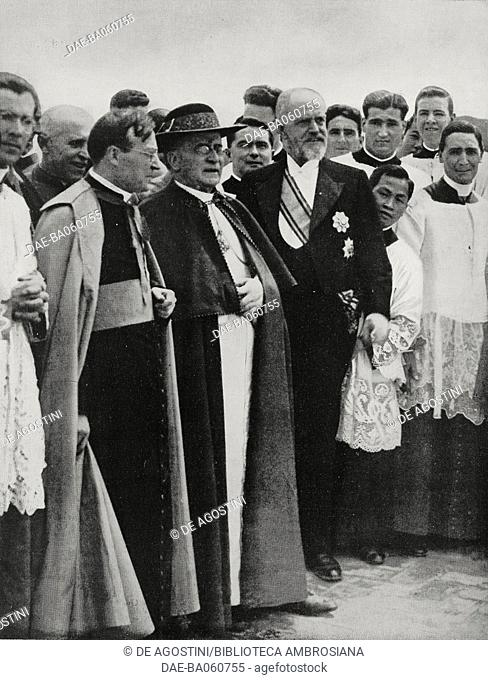 Pope Pius XI (1857-1939), center, on the inauguration of the Collegio Urbano de Propaganda Fide, April 24, Rome, Italy, photo by Felici