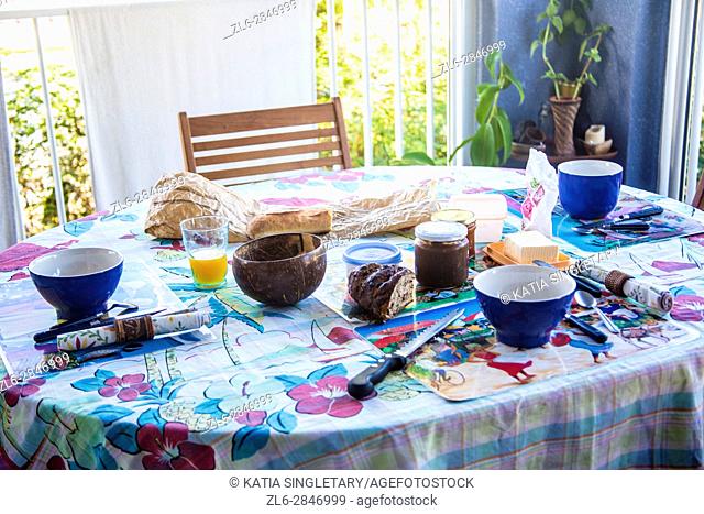 Breakfast table dressed in an outdoor terrace in Martinique France