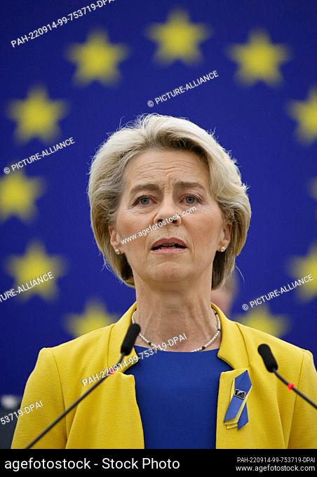 14 September 2022, France, Straßburg: Commission President Ursula von der Leyen delivers a State of the Union address at the start of the European Parliament...