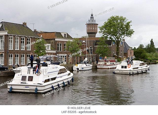 Houseboats on Geeuw River, Sneek, Frisian Lake District, Netherlands