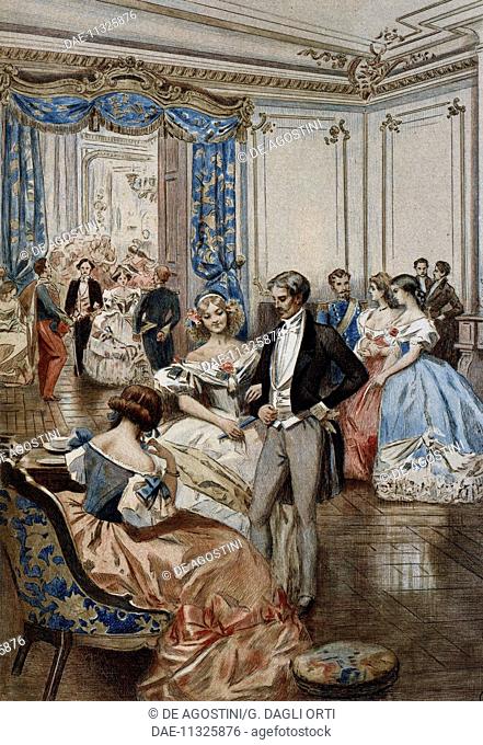 Social life in 1850, illustration by Albert Lynch (1851-after 1900) from La Francaise du siecle (The French of the Century): fashion, manners, customs, 1886