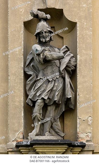 Stone statue depicting a man with helmet in ancient clothing, facade of Villa Arconati, Castellazzo di Bollate, Lombardy, Italy, 18th century