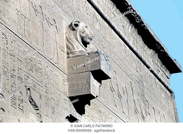 Lion-headed water spout on the outer wall of the Temple of Hathor at Dendera