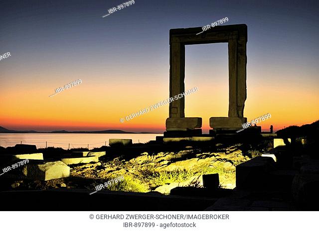 Gateway to antiquity, giant door or Portara of the Temple of Apollo at the town of Naxos, Cyclades Island Group, Greece, Europe