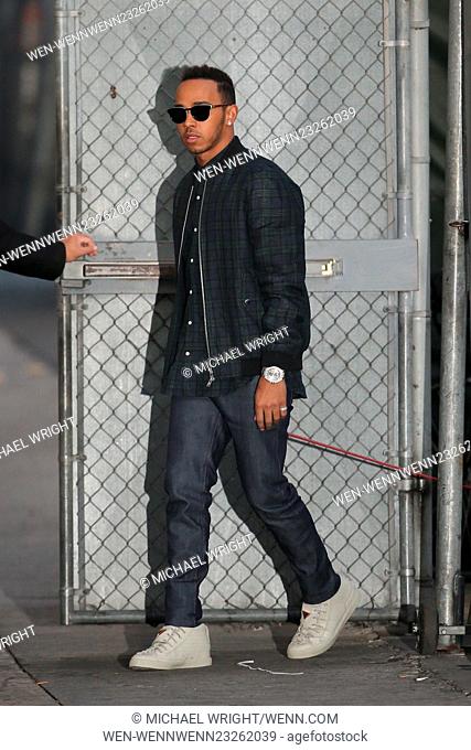 Lewis Hamilton and his bulldog Roscoe seen arriving at the ABC studios for Jimmy Kimmel Live! show Featuring: Lewis Hamilton Where: Los Angeles, California